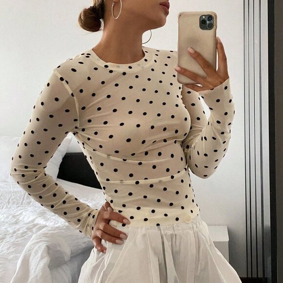 Beige Casual Women's Polka Dot Slim Fit Round Neck Long Sleeve Top - Picture 3 of 9